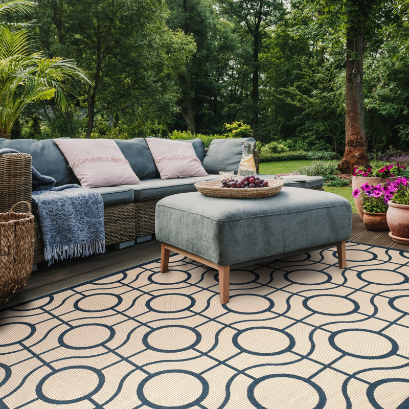 Arneshia Geometric Beige/Blue Indoor/Outdoor Area Rug, Rectangle 6'7" x 9'6"