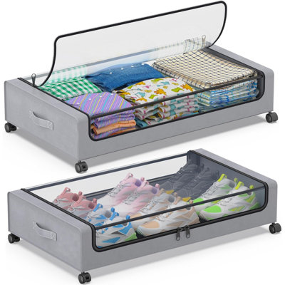 Under Bed Storage with Wheels, 2-Pack Underbed Storage Containers with Clear Lids, Under Bed Shoe Storage Organizer Bins, Rolling Under Bed Storage for Clothes Shoes Blankets