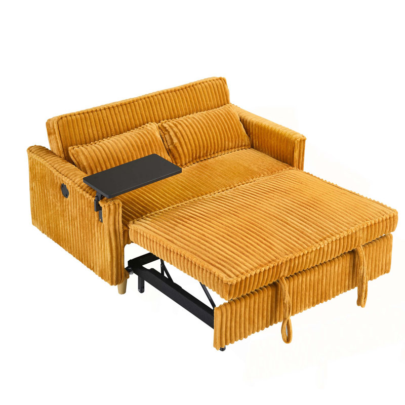 The Pull-Out and Push-In Corduroy Sofa with Dual Functions, Equipped with a Movable Tabletop and Usb Ports, is Suitable for Use in Living Rooms and Bedrooms