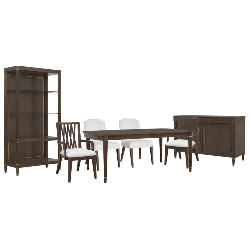 Leg Dining Table With 2 Upholstered Side Chairs 2 Wood Back Arm Chairs Server And Etagere