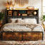 Industrial Metal Upholstered Storage Bed With Bookcase Headboard & Charging Station (USB/Type-C), Rustic Brown & Black PU Frame With LED & 2 Drawers, EU Double & King 140/160X200cm-929919664