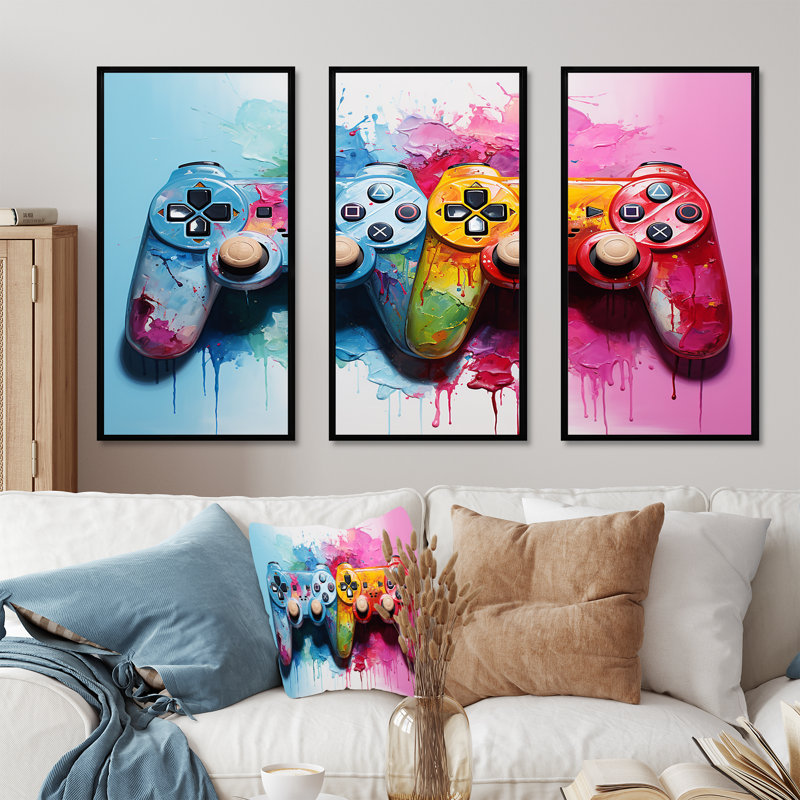 «Pink and Blue Ps Video Game Controllers», art mural jeux vidéo, H 28 po x l 36 po, Cadre flottant noir