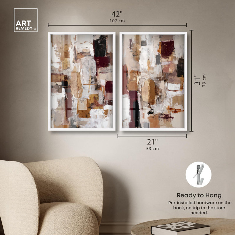 Ensemble de décorations murales bohèmes dorées « Abstract Harmony » avec impression sous cadre-vitrine, par Art Remedy, cadre noir, 10 x 15