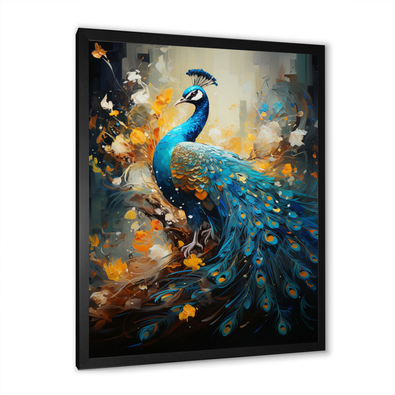 Sarcelle jaune émeraude paon gouttes II - reproduction sur toile, Cadre photo noir simple, H 20 po x l 12 po x P 1 po