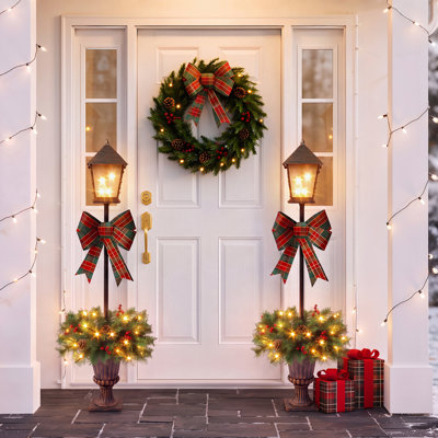 Christmas Illuminated and LED Lights Pinecones and Buffalo Plaid Lantern