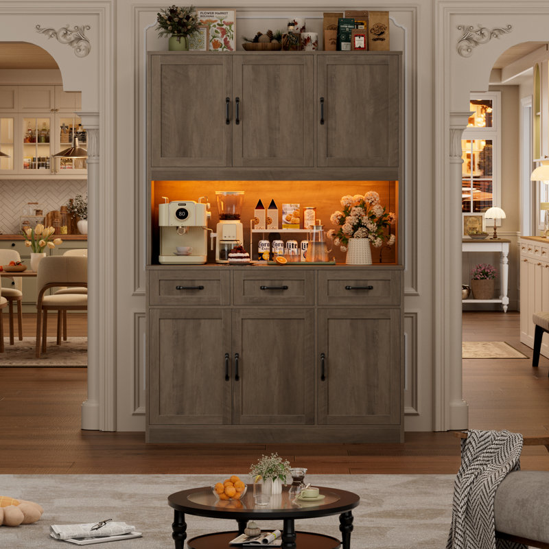 Garde-manger de 71,6 po de hauteur avec lumières DEL, grand rangement pour huche de cuisine avec tablette à micro-ondes et station de charge