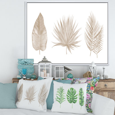 «Tropical Beiges Leaves», reproduction sur toile avec cadre flottant