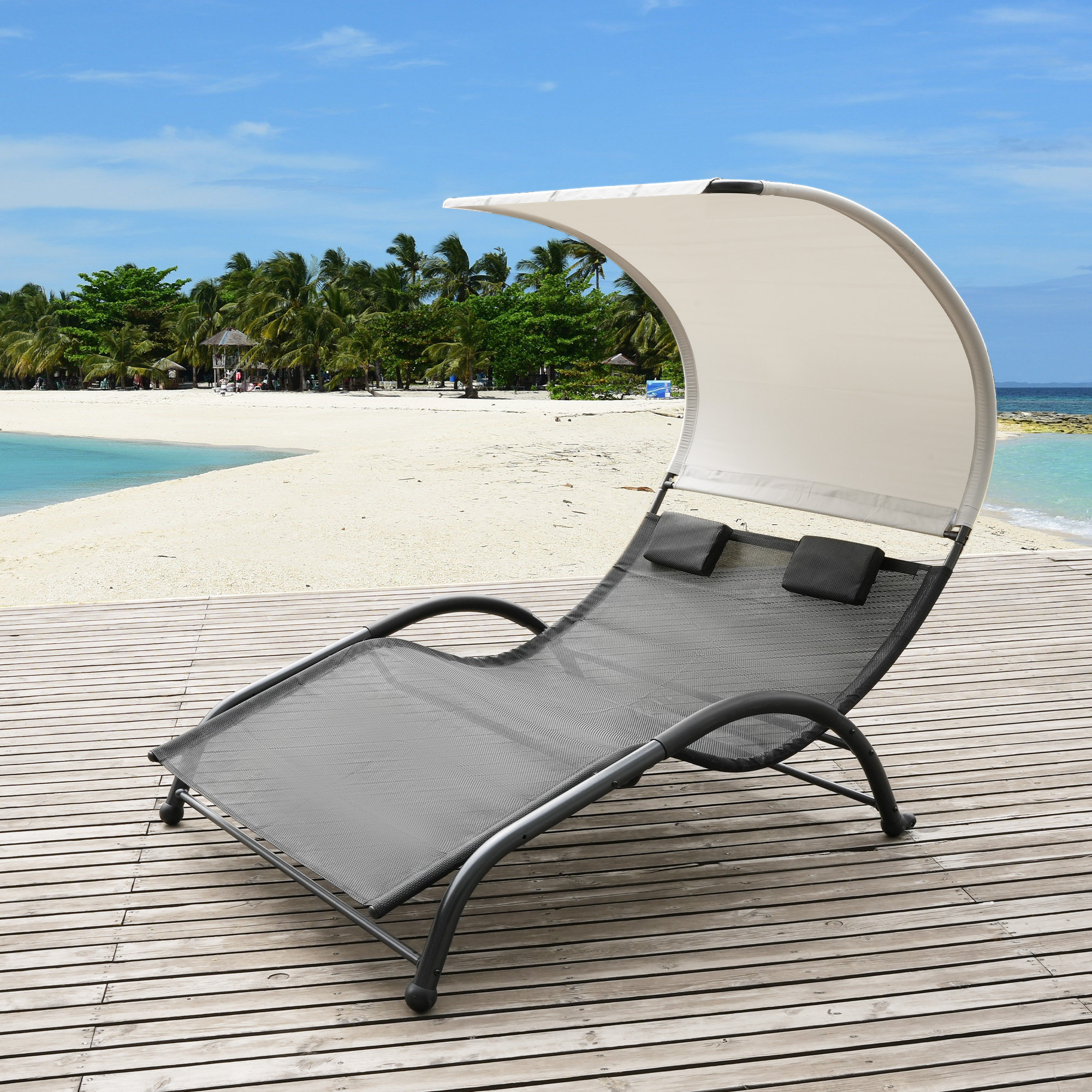 Latitude Run® Patio Double Chaise Lounge Bed with Canopy and Removable ...