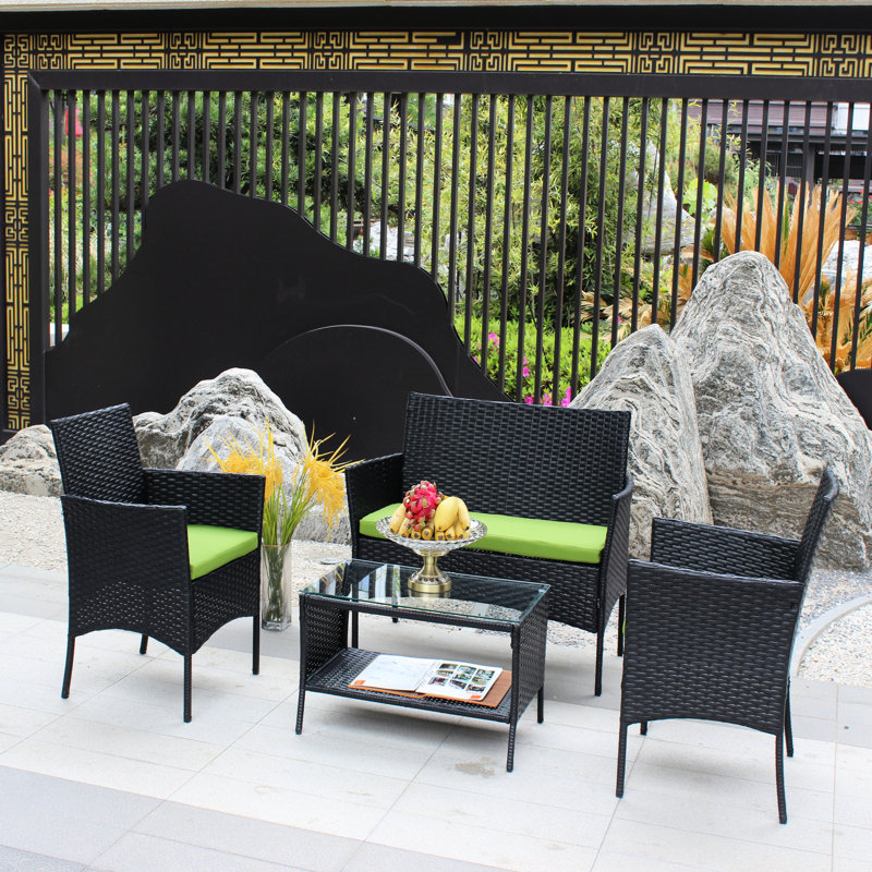 Patio 4 pièces d'extérieur: table à thé rembourrée, fauteuils et pièces d'extérieur: table, Green, Grey