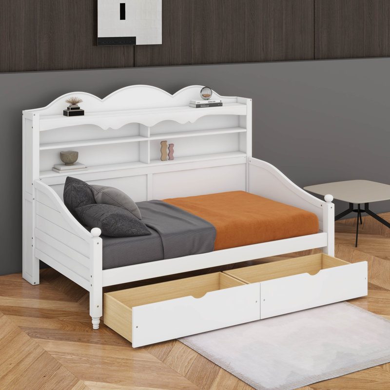 Lit de jour avec tiroirs de rangement et tablettes de tête de lit, lit de jour en bois de style rétro, Blanc