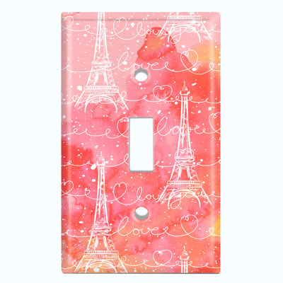 Metal Light Switch Plate Outlet Cover (Paris Eiffel Tower Pink Red Cloud Love   - Single Toggle)