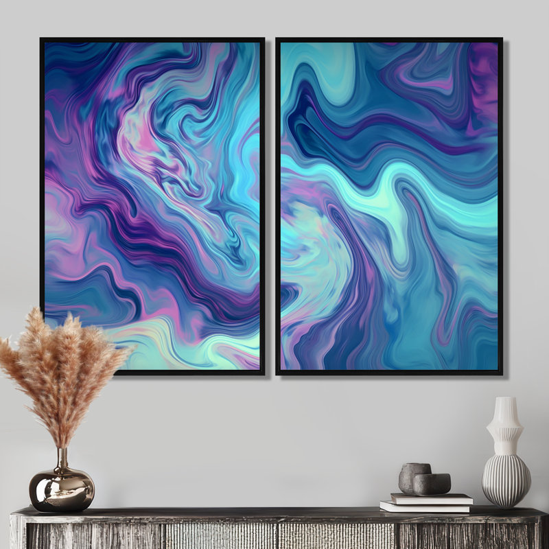 Turquoise mauve marbré fusion I - impressions sur toile abstraites, Impression encadrée flottante sans passe-partout, Noir