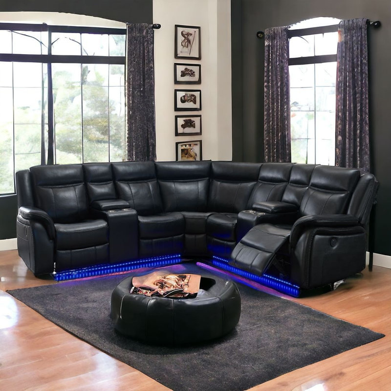 Black Faux Leather Power Reclining L Shaped Three Piece Corner Sectional Black Faux Leather Power Reclining L Shaped Three Piece Corner Sectional