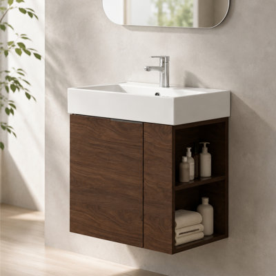Meuble-lavabo flottant brun de 21,6 po, armoire murale en contreplaqué avec porte à fermeture en douceur, meuble-lavabo flottant intégré en céramique pour petite salle d'eau