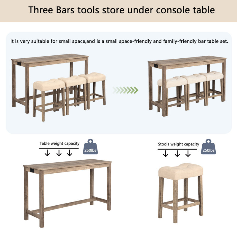 4 Piece Bar Table Set with Power Outlet,Bar Table Set with Chairs,Sofa Bar Table with Stools,Behind Couch Table with 3 Padded Stools,for Living Room,Dining room