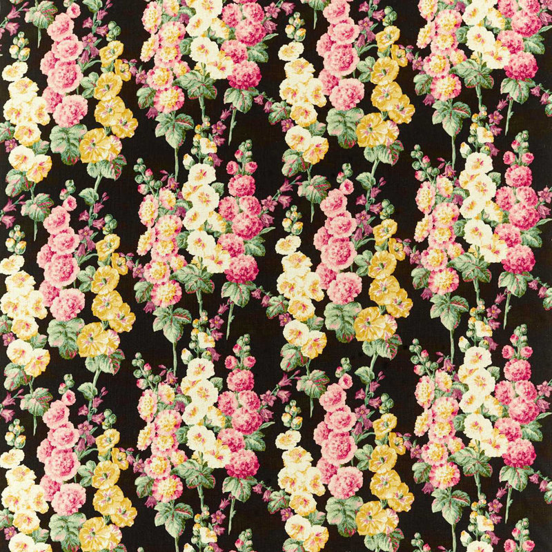Hollyhocks Fabric, Ebony/Cerise