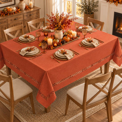 60" x 84" Burnt Orange Faux Linen Tablecloth with Cutout Border