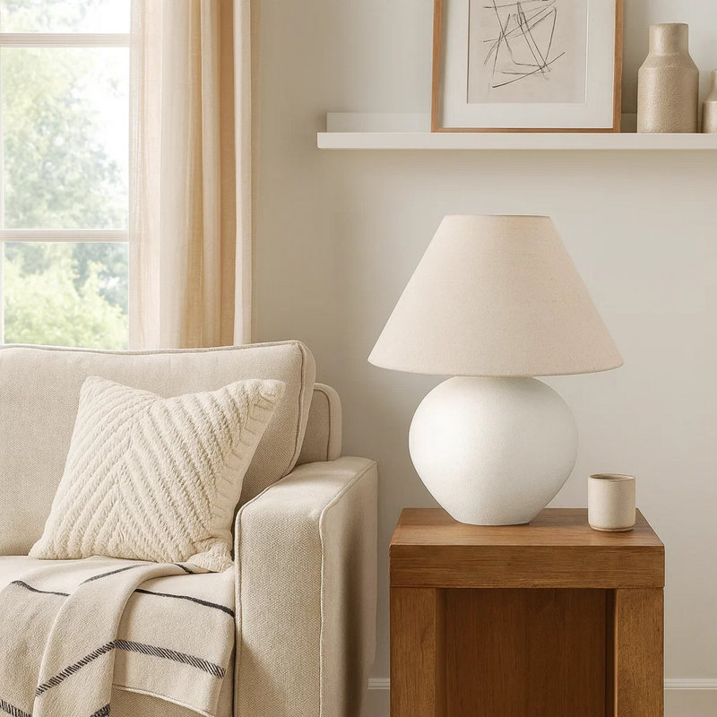 Lighting, H 16 po, lampe de table, abat-jour crème, céramique crème, contemporain