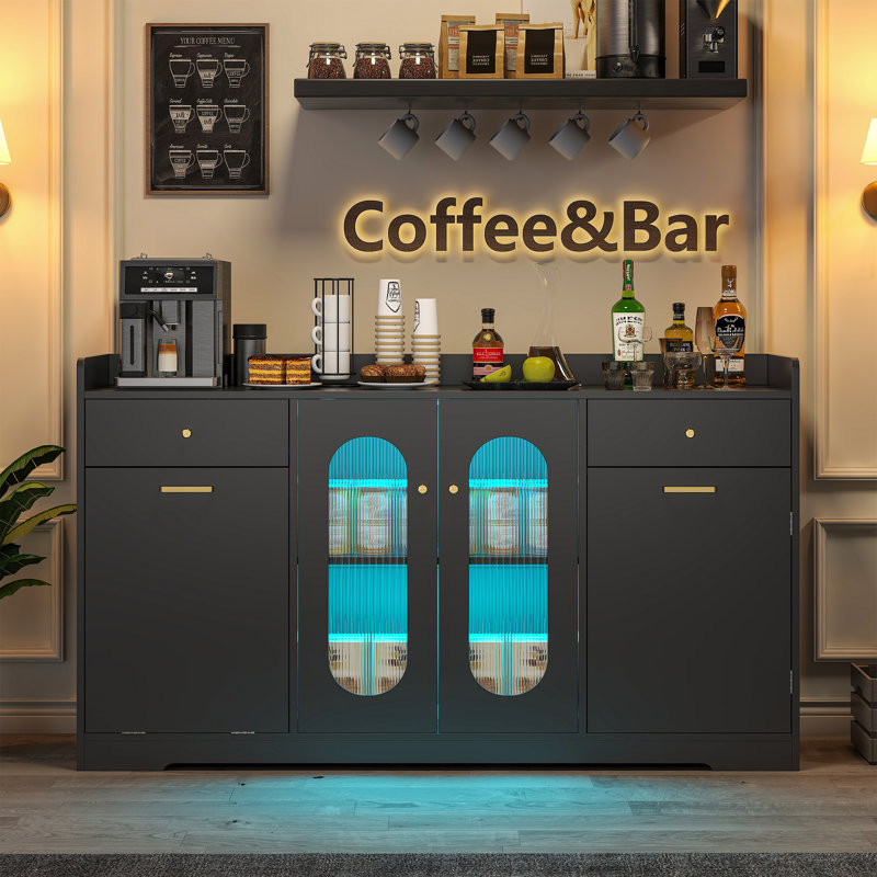 54'' Large Evynn With Led Light And 2 Drawers, Evynn With Trash Can Storage And Adjustable Shelves, Black