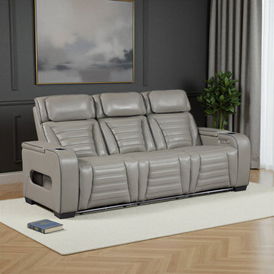 Eshan 84" Modern & Contemporary Top Grain Leather Power Double Reclining Sofa with Drop-Down Center Table, Air Massage, Heat, LED Reading Lights & Wireless Charging