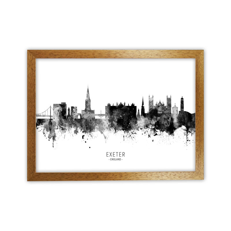 Exeter England Skyline Black White City Name by Michael Tompsett - Print, 46cm H x 63cm W x 3cm D, Brown Framed
