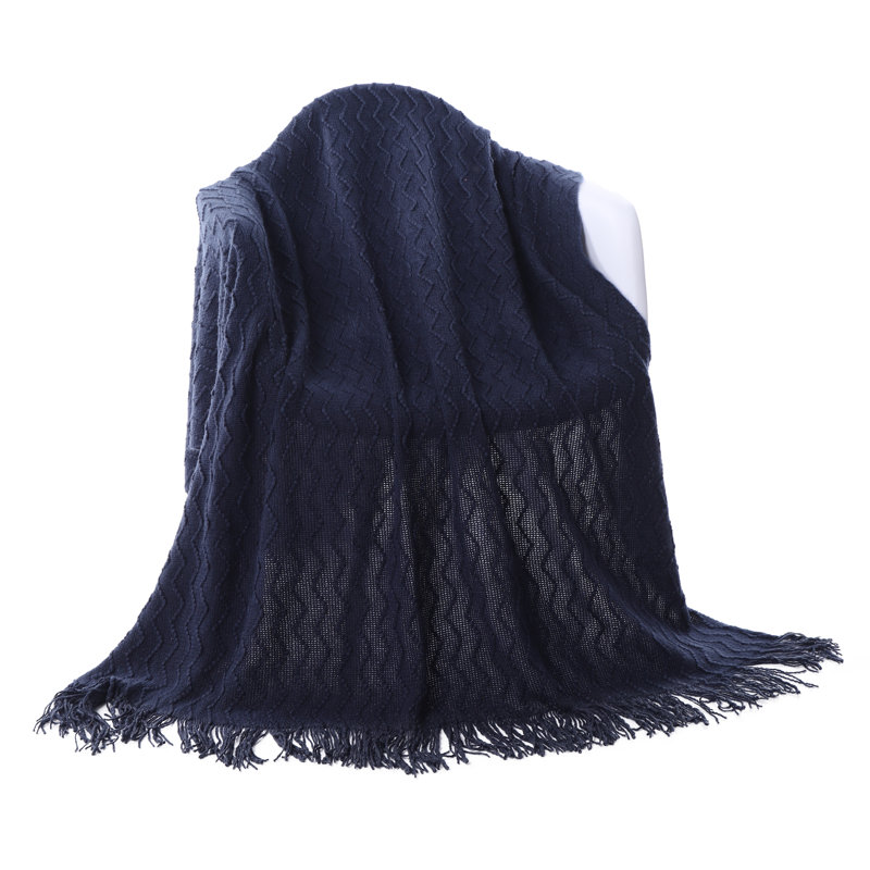 Navy Blue Knitted Wool Throw Blanket with Tassel Fringes, 50"x60"
