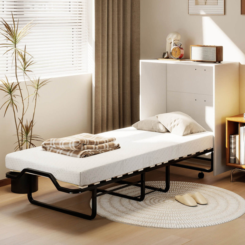 Armoire lit escamotable Murphy avec matelas et roues verrouillables, lit pliant pour petit espace blanc et noir