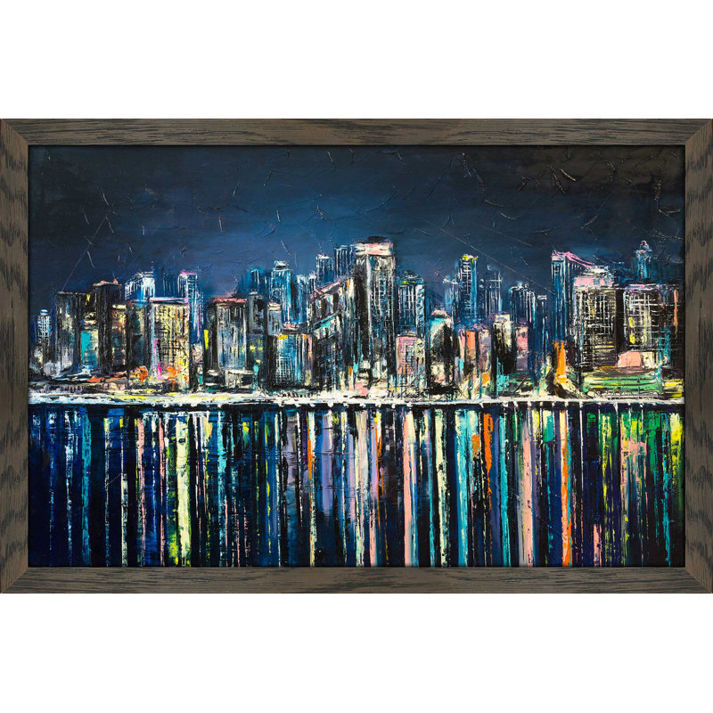 «Night Magic City», reproduction encadrée, H 21,5 po x l 27,5 po x P 0,75 po, Cadre chocolat patiné