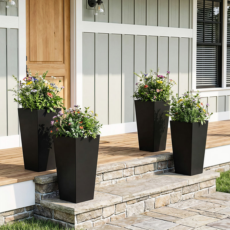 28'' H X 15'' W Indoor/Outdoor Modern Pot Planter with Drainage Hole Metal Large Tall Square Planter for Front Porch Patio