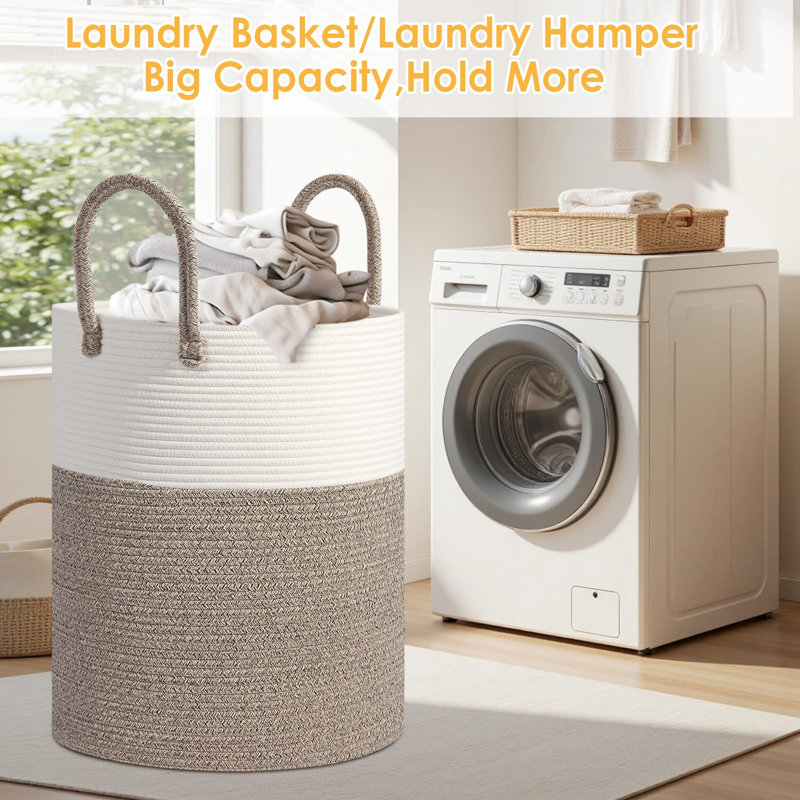 Grand panier à linge 60L, panier en corde de coton tissé avec poignées, panier à couverture, panier à linge décoratif P 15 po x H 20 po, blanc / brun