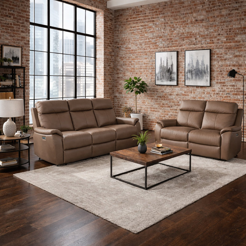 Windsor Powerglide 3 + 2 Real Leather Power Recliner Sofa Set, Black, Tan