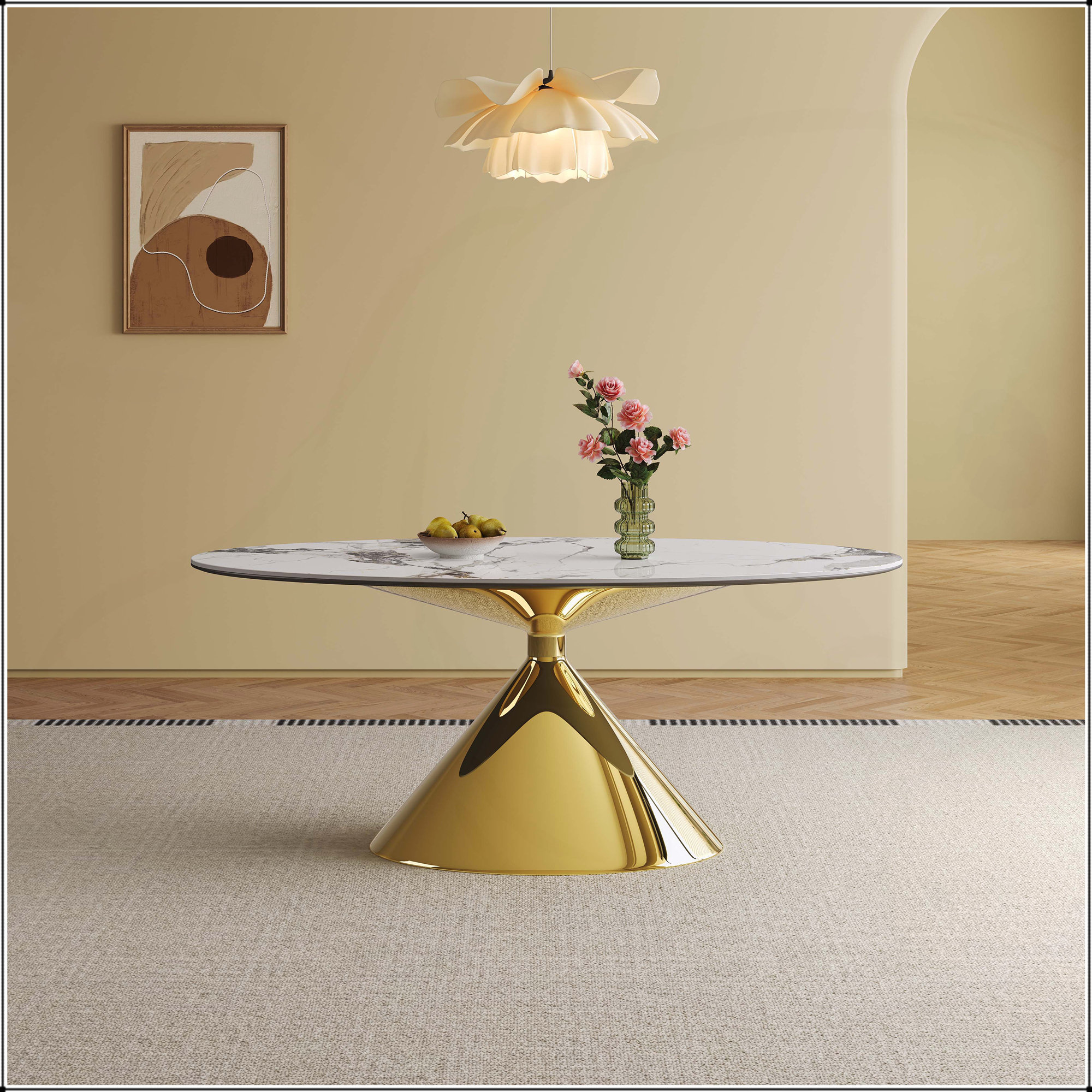 Everly Quinn 71 Inch Modern Luxury Oval Marble Dining Table with Gold ...