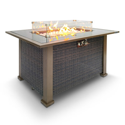 Outdoor Propane Fire Pit Table, Glass Wind Guard, 50,000 BTU, Tank Hideaway
