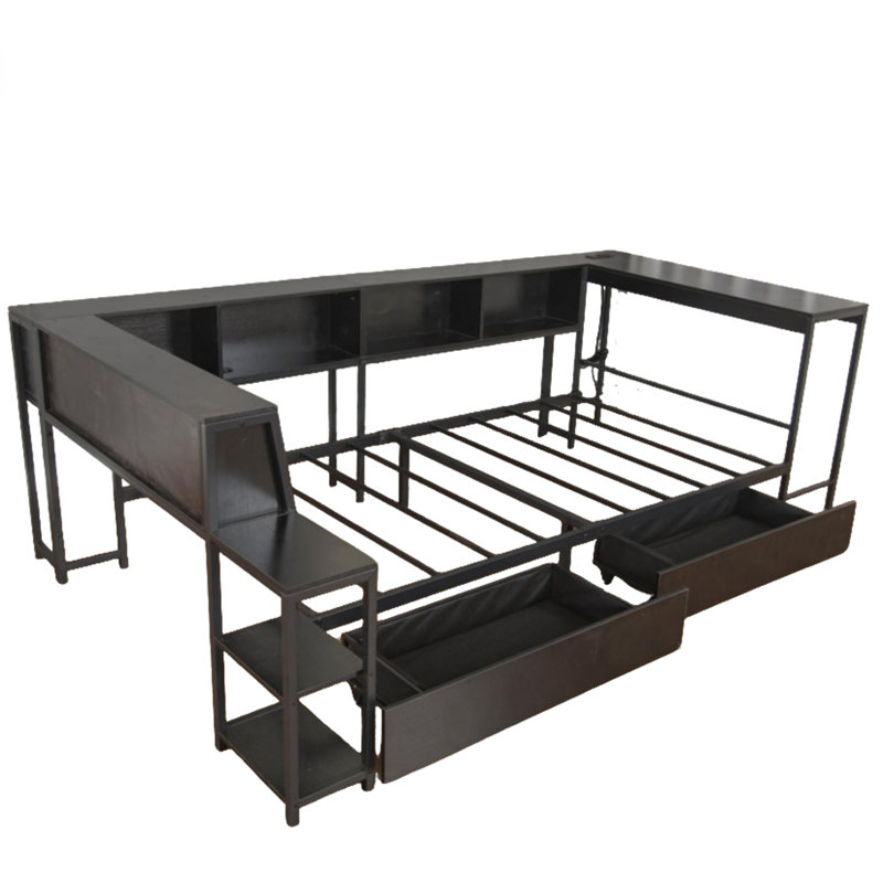 Full Corner Platform Bed with Bookcase Headboard,LED Lights,Charging Station,and 2 Storage Drawers