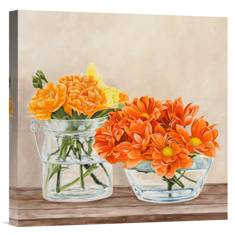 Fleurs et vases jaune II - impression sur toile tendue, H 24 po x l 24 po x P 1,5 po, Sans cadre / toile, Aucun mat