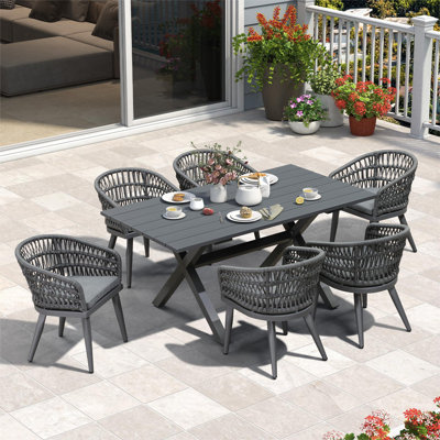 Corrigan Studio Patio Dining Set With Outdoor Aluminium Dining Table And Woven Rattan Chairs Modern Metal Furniture Cushions Sets For Garden Yard Indo