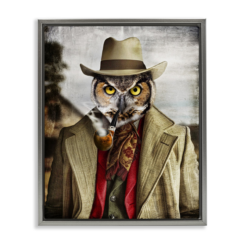 Chouette avec art classique sur toile, par Karen Burke, Cadre flottant gris lustré, H 21 po x l 17 po x P 1,7 po