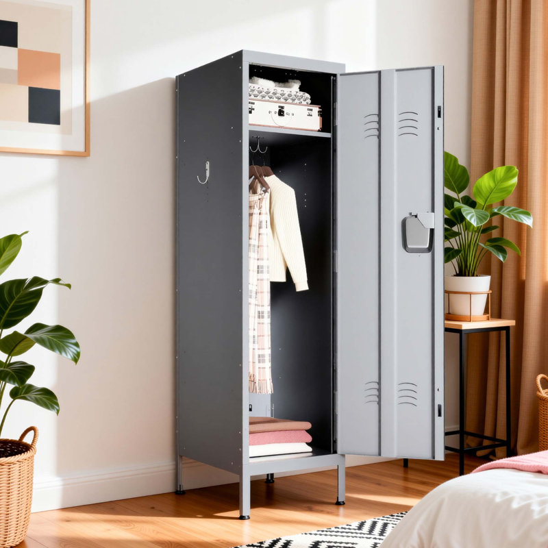 Armoire en métal de 140 cm de haut avec porte ventilée et serrure, Gris