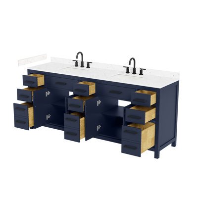 Meuble-lavabo double 84 po Beckett en bleu foncé, comptoir en marbre de culture de Carrare, lavabos carrés encastrés (3 trous), garniture noir mat