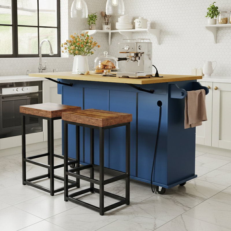 Storage Kitchen Island With Drop Leaf And 2 Seatings And Power Outlet, Blue