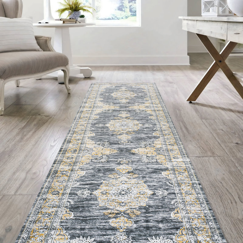 Gabryszek Bohemian Distressed Chenille Machine-Washable Dark Gray/Yellow Rug, Runner 2' x 8'