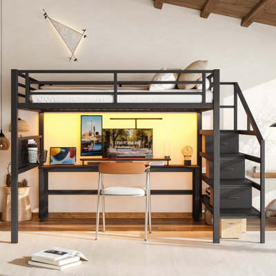Grand lit mezzanine avec escalier de rangement et bureau mobile avec port USB, structure de lit mezzanine en métal avec 3 tiroirs en tissu et DEL, garde-corps pleine longueur et panneau perforé pour enfants, noir
