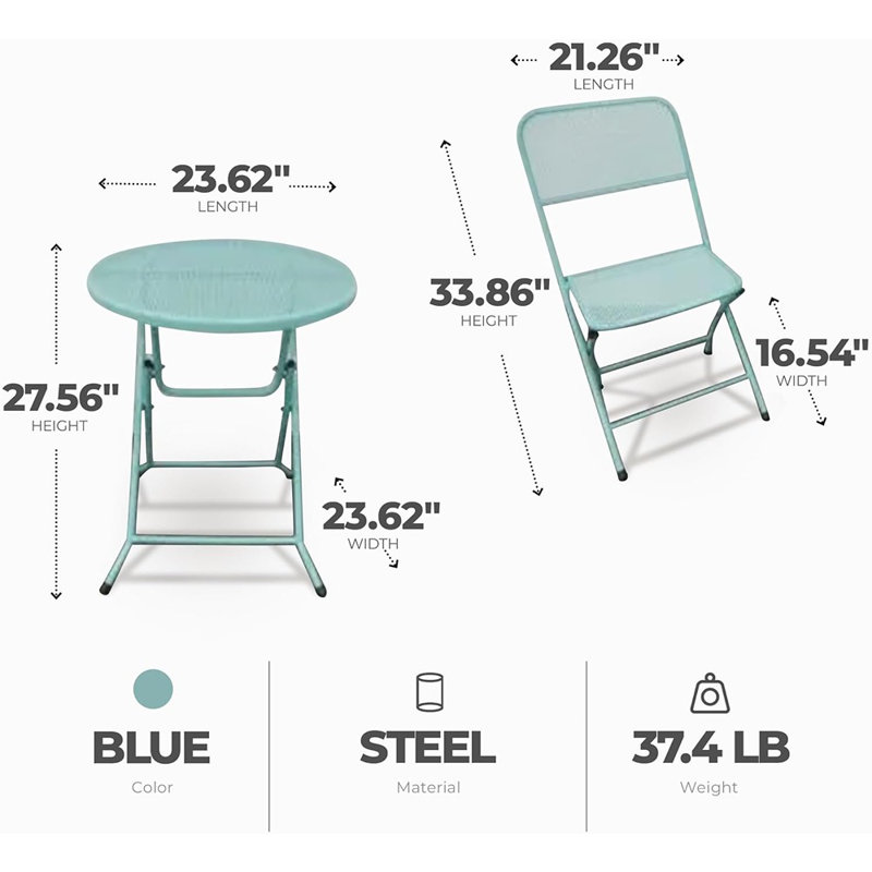 Ensemble de 3 chaises pliantes en acier thermolaqué pour l'extérieur