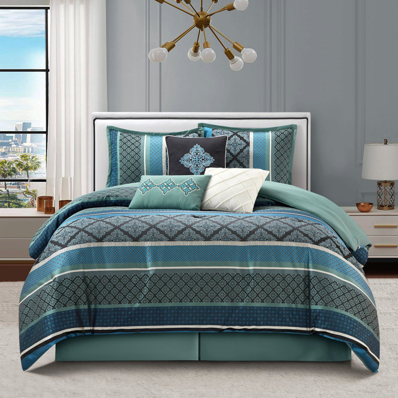 Tefia Karr Microfiber 7 Piece Comforter Set, Blue, California King Comforter + 6 Additional Pieces