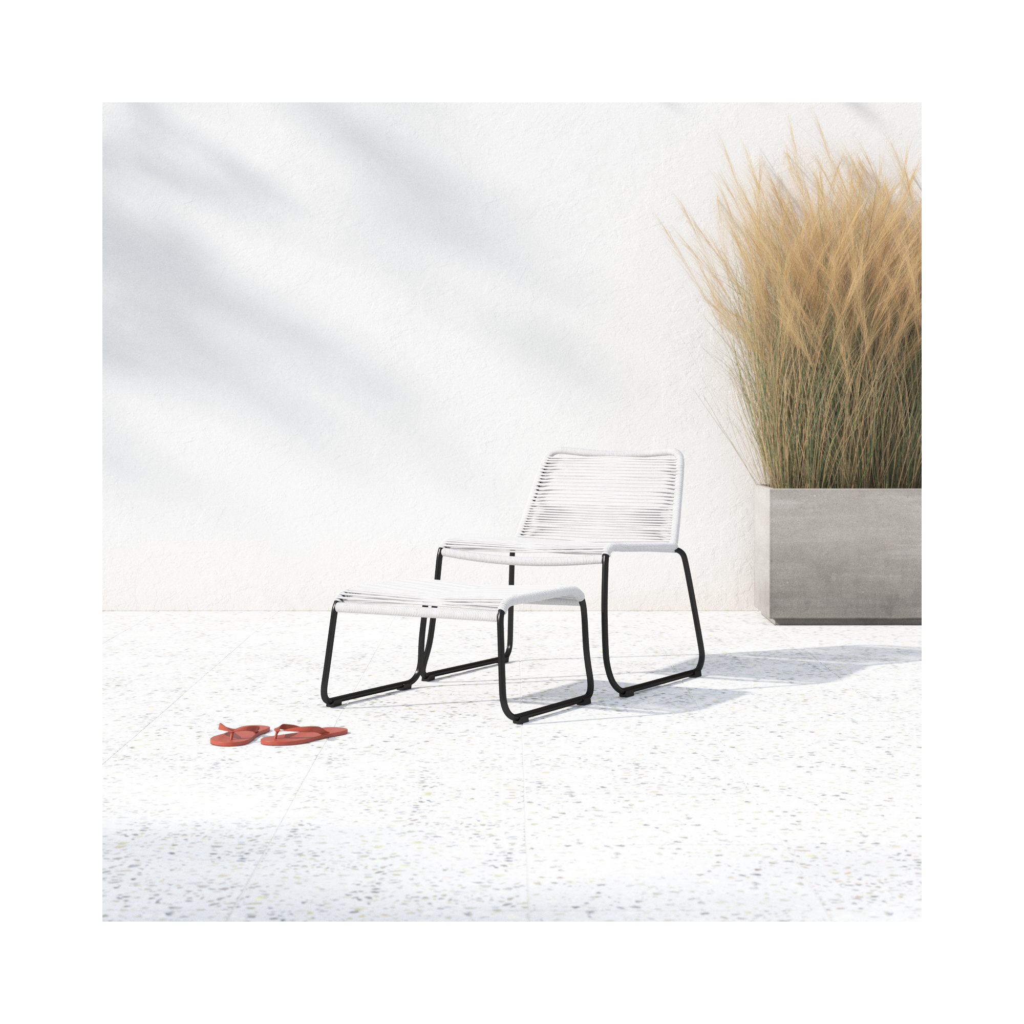 Huron Patio Chair with Ottoman, White Cord