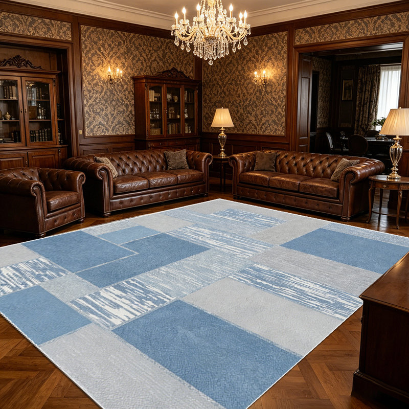 1PC Geometric Block Stripe Patchwork Blue & Grey Tone area rugs for Living Room, Soft, All seasons, Easy-maintain, Washable Indoor mat, Farmhouse suitable for for dining table, bedroom, entryway...