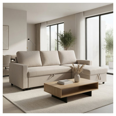 Canapé-lit convertible moderne en forme de L avec méridienne de rangement, revêtement en flanelle grise et blanche, structure en bois d'ingénierie