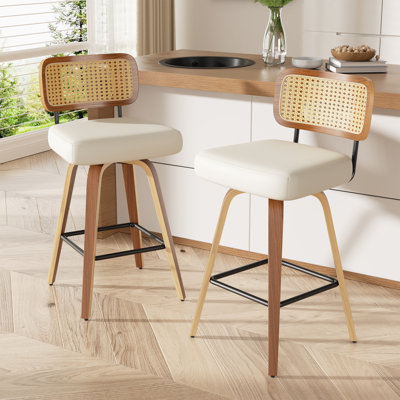 Stylish Swivel Counter Stool With Soft Upholstered Rattan Back