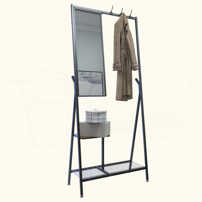 Industrial Style Hall Tree with Mirror, Multifunctional Wall-Mounted Coat Rack with Shoe Storage & Aluminum Frame for Entryway, Living Room, Bedroom