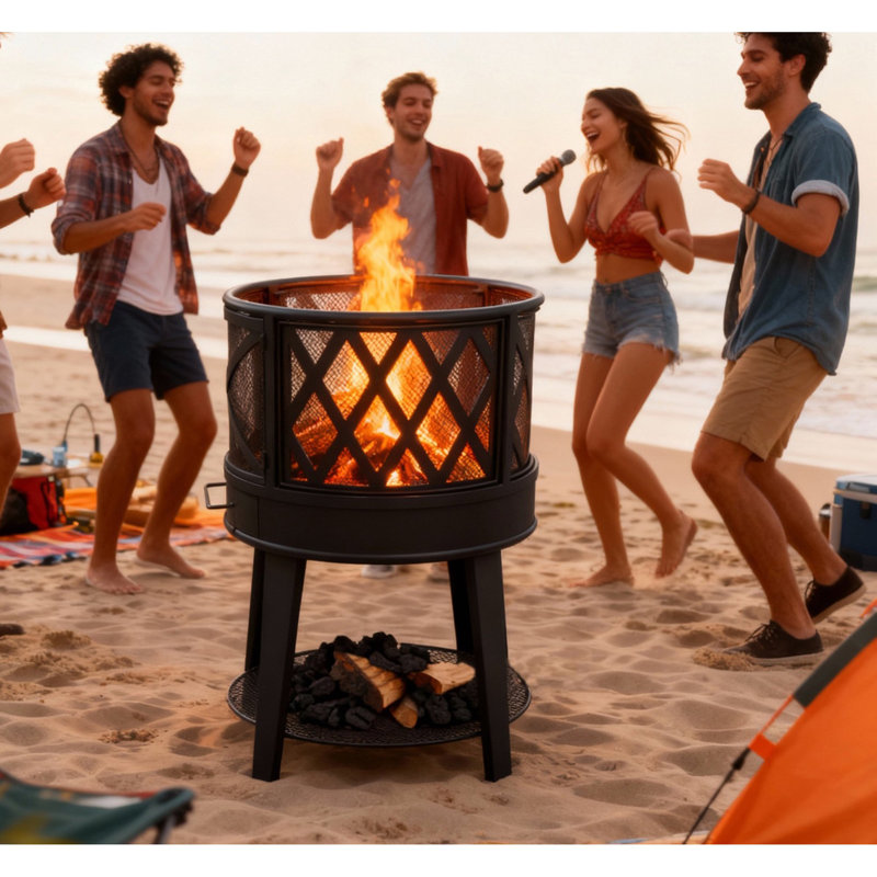 Outdoor Wood Burning Fire Pit with Poker and Cover, Fireplace with Cooking Grate and Storage, Black